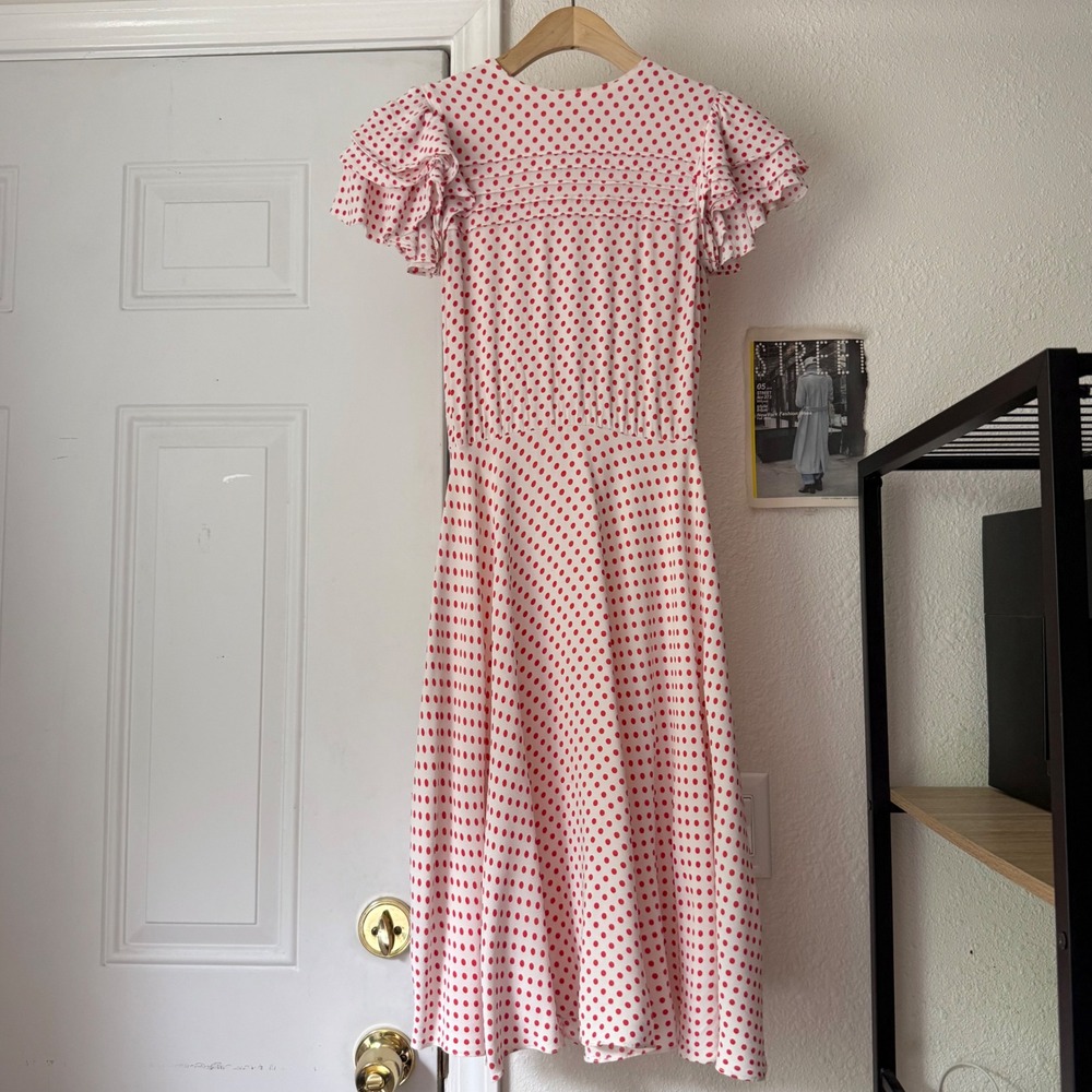 MORTON MYLES vintage white red polka dot ruffle short sleeve midi dress